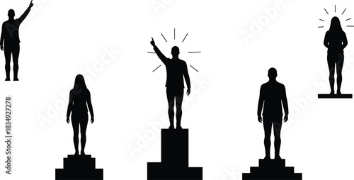 Silhouette of successful people standing on podium raising hands in victory, symbolizing leadership, motivation, personal achievement, and business success concept