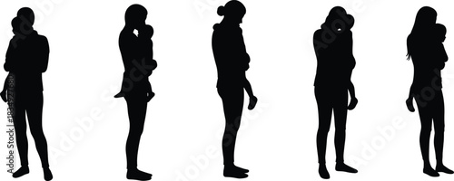 Silhouette of women holding babies in various poses, representing motherhood, love, care, bonding, family affection, and nurturing parental connection.