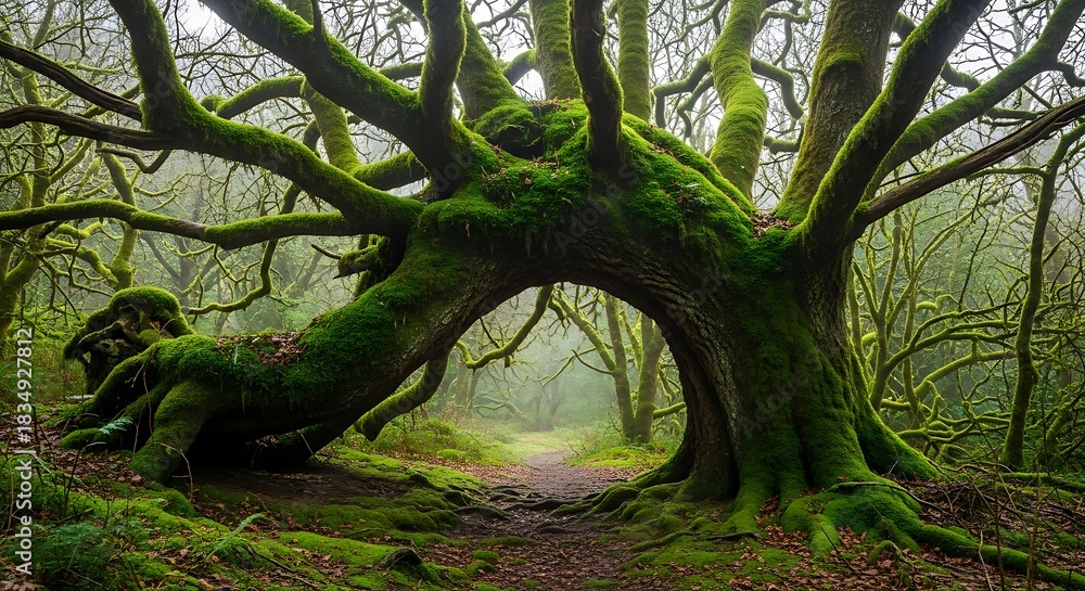 Obraz premium Ancient moss covered tree with sprawling branches in a foggy forest.