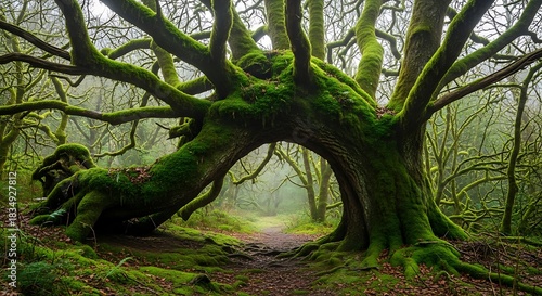 Ancient moss covered tree with sprawling branches in a foggy forest.