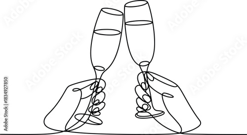 A pair of hands holding champagne flutes toasting in a sleek continuous line drawing style