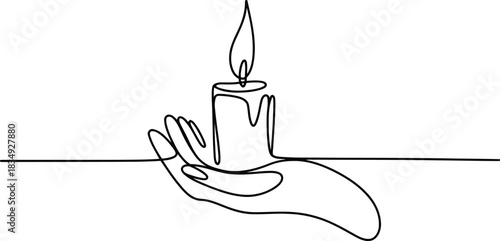 A hand gently holding a lit burning candle with a flame in a simple continuous line style