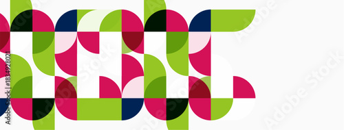 Abstract geometric pattern. Circles, semicircles, rectangles create colorful composition. Modern design, vibrant hues, simple shapes.