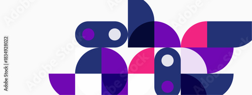 Abstract geometric shapes overlap, creating vibrant purple, pink, blue composition. Minimalist design with circular elements dominates scene.