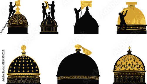 Silhouette of workers placing golden flag on ornate domed roof, architectural restoration and decoration concept with classic gold dome illustration