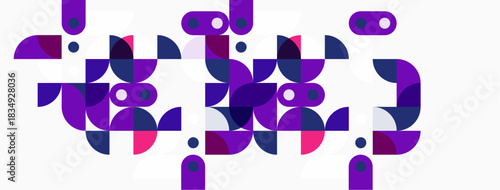 Abstract geometric shapes, purple hues, white background. Modern design, playful composition, circular elements dominate image.