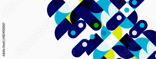 Abstract geometric shapes overlap, creating dynamic visual pattern. Blues, yellows, whites dominate composition. Modern design element.