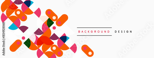 Abstract geometric shapes, vibrant colors, modern design. Background features overlapping circles, rectangles, playful composition.