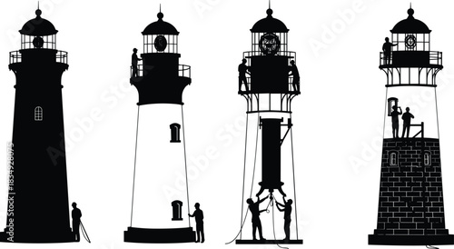 Silhouette of workers repairing and maintaining lighthouse towers, maritime safety, construction, engineering, restoration, teamwork, coastal architecture, navigation guidance concept
