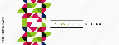 Abstract colorful pattern dominates left side. White space features text background, design. Simple geometric shapes create visual interest.