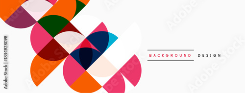 Abstract colorful circles overlap, creating dynamic composition. White space dominates background, simple text present.