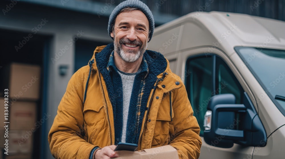 custom made wallpaper toronto digitalSmiling man delivers package in front of his vehicle while wearing a warm jacket on a clear day