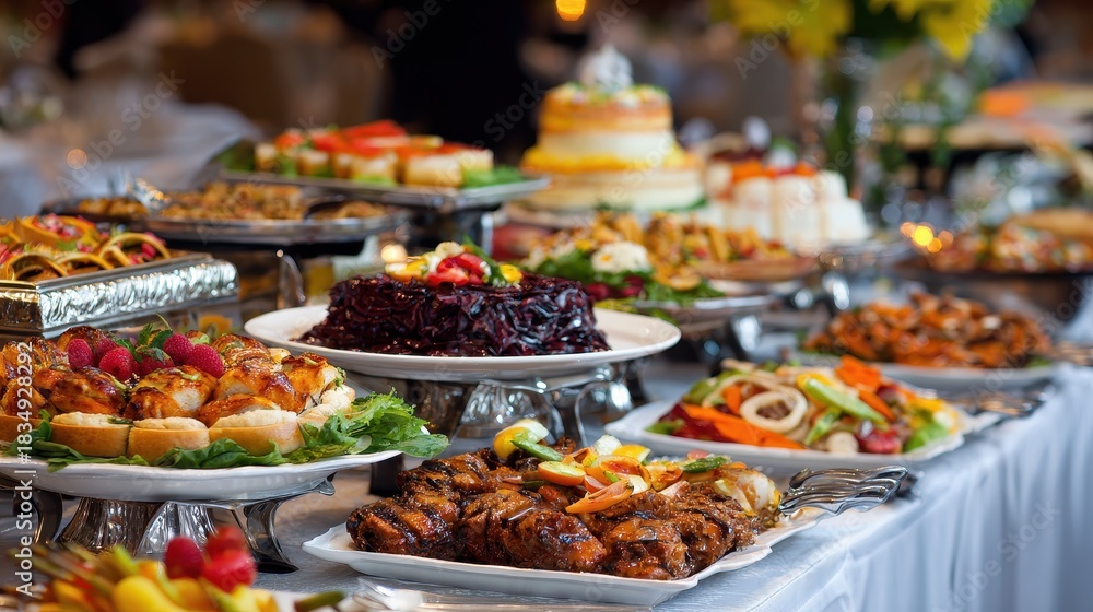 custom made wallpaper toronto digitalLarge buffet table filled with a variety of delicious dishes and desserts at a festive event celebration in a decorated venue