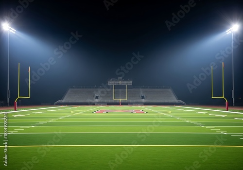 Illuminated stadium field awaits  under bright lights at night.