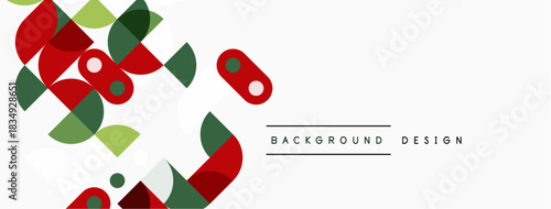 Abstract geometric shapes overlap, creating vibrant background. Red, green, olive tones dominate white space. Modern design element.