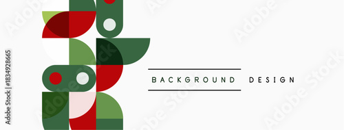 Abstract geometric shapes overlap. Green, red, beige colors dominate composition. Minimalist design suitable for backgrounds.