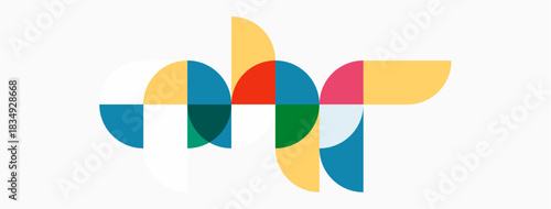 Abstract geometric shapes overlap, creating colorful design. Circles, curves, vibrant hues dominate composition. Modern, playful aesthetic.