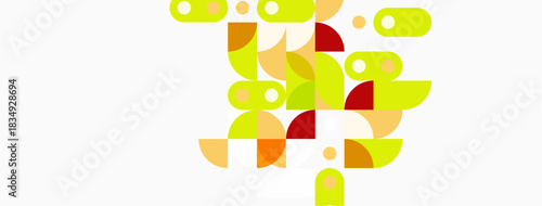 Abstract geometric shapes, circles, rectangles, warm colors dominate composition. Minimalist design, clean aesthetic, modern illustration.