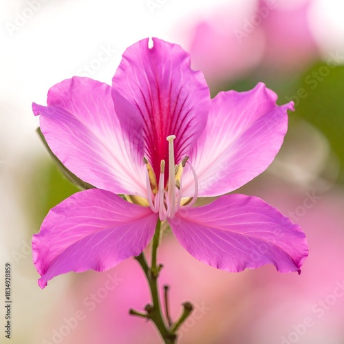 Close-up of a vibrant, five-petaled flower showcasing a gradient of pink hues. Delicate petals spread outwards from the center