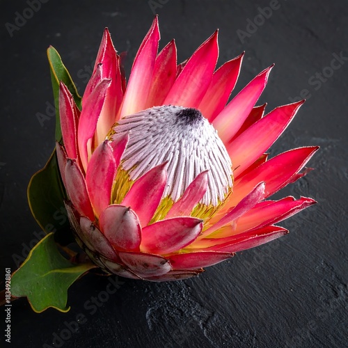 Close-up of a vibrant, exotic bloom with petals radiating from a central disc, resting on a textured, dark background