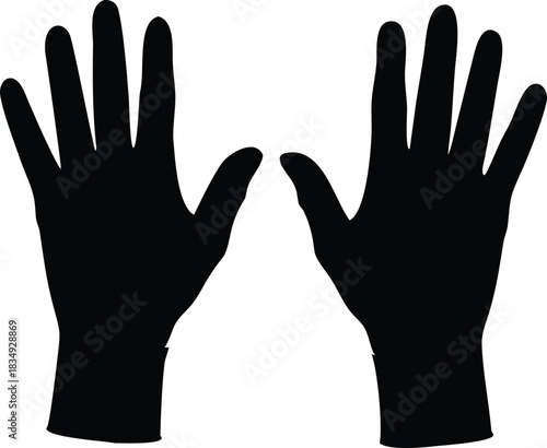 A stark silhouette of two open human hands displayed against a pure white