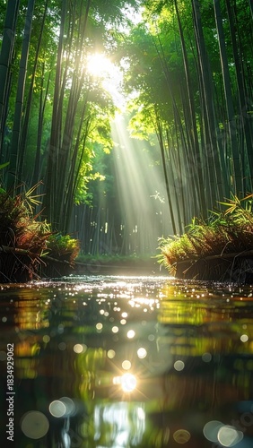 Sunbeams through a bamboo forest