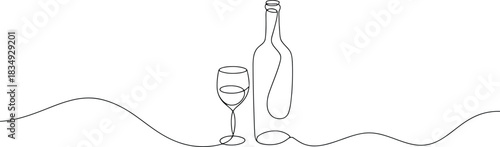 A smooth continuous line drawing shows a tall wine bottle next to a wine glass