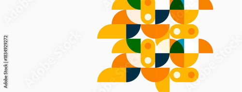 Abstract geometric pattern. Overlapping shapes create colorful, modern design. Yellows, greens, blues dominate composition. Minimalist aesthetic.