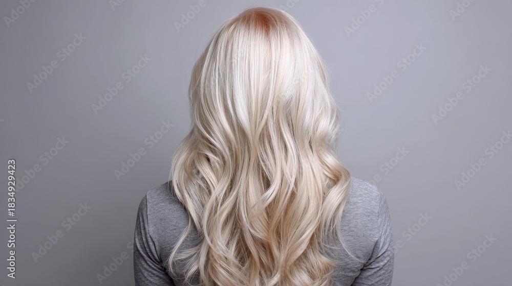 Naklejka premium Long platinum blonde wavy hair cascading from the back with natural highlights in a bright setting