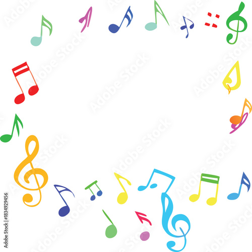 A colorful arrangement of musical notes and symbols forming a circular frame design
