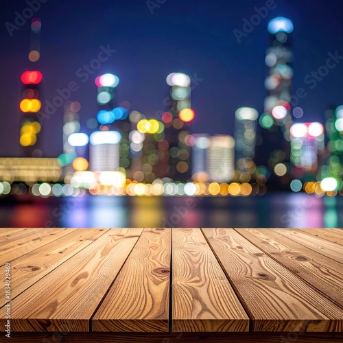 Blurred cityscape view from wood deck