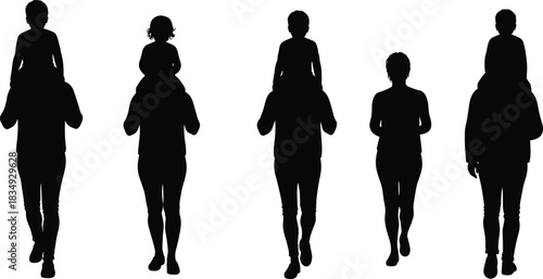 Silhouettes of parents carrying children on shoulders while walking, representing family love, bonding, happiness, care, parenting, childhood joy, and togetherness outdoors