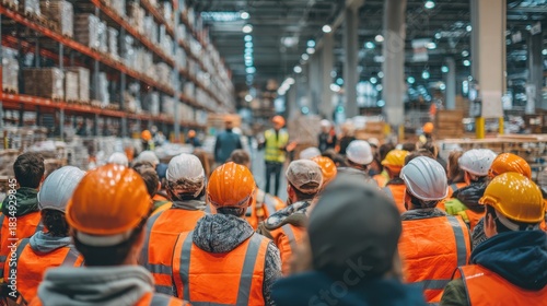 Wallpaper Mural Workers gather for safety training session in large warehouse during daytime Torontodigital.ca