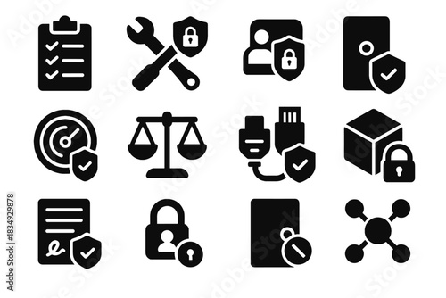 Cybersecurity no balanced background transparency checklist set tools spacing vector icon