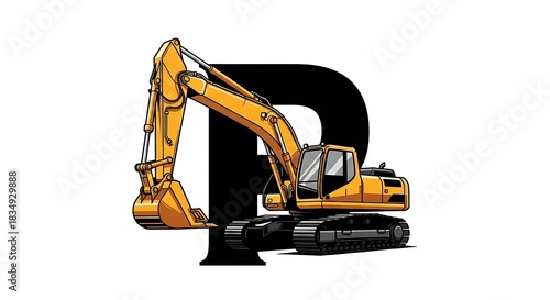 Yellow excavator on tracks positioned before a large black letter P.