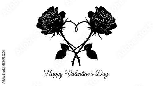 Two black rose silhouettes with thorny stems forming a heart, celebrating Valentine's Day.