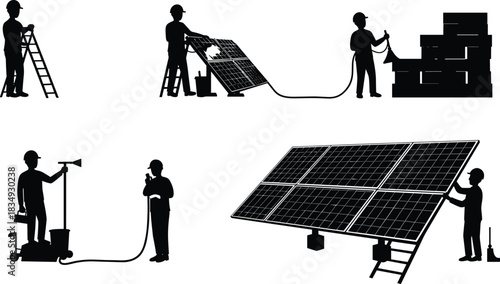 Solar panel installation workers, renewable energy engineers setting up photovoltaic systems, sustainable power technology maintenance, green energy construction team