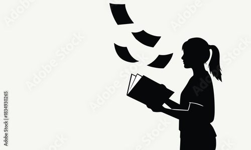 Silhouette of Woman Reading a Book with Flying Pages