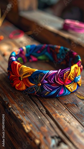 Close-up of a vibrant, floral-patterned headband resting on a weathered wooden surface, showcasing intricate craftsmanship and color