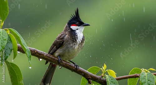 Wallpaper Mural A small bird with a red cheek and spiky crest sits perched on a branch in the rain against a green backdrop Torontodigital.ca