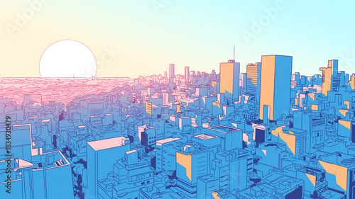 青く晴れ渡る空にそびえ立つ超高層ビルが印象的な都会の風景。現代建築、未来都市、ビル街、ビジネスエリア、建物イラスト、デジタルアート、都市構造の背景素材