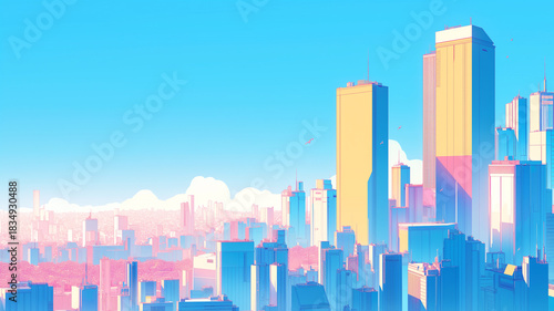 青く晴れ渡る空にそびえ立つ超高層ビルが印象的な都会の風景。現代建築、未来都市、ビル街、ビジネスエリア、建物イラスト、デジタルアート、都市構造の背景素材