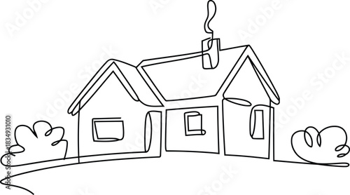 Continuous single line drawing depicts a cozy traditional house with a chimney and small bushes