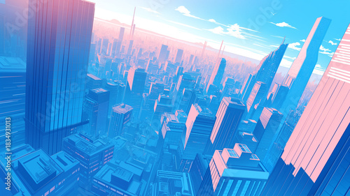 夕焼けに包まれた高層ビルのシルエットが美しい都市の風景。近代的な街並み、夕暮れの空、ガラス張りの建物、建築美、未来都市、ビジネス街、イラスト背景素材