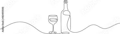 Elegant single line drawing of a wine bottle and a stemmed glass on a wavy horizon