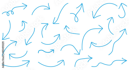  Collection doodle marker thick arrows in different directions. stroke arrow points diagonally upward to the right. Send back icons in black stroke designs on white background. 