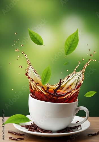 Fresh leaves and liquid splash over a tea cup with beverage.