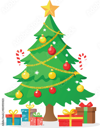 a decorated christmas tree with ornaments gifts and a shining star high quality