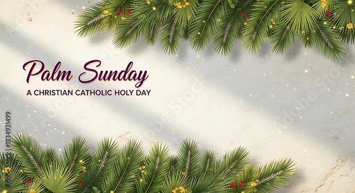 Decorative palm fronds frame text for Christian holy day.