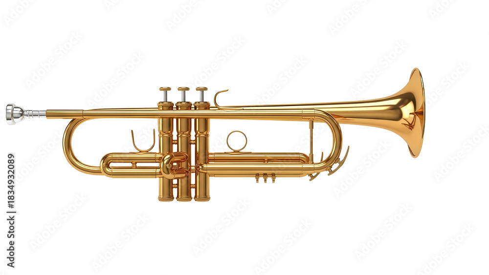 Obraz premium Golden brass trumpet musical instrument, professional orchestral wind trumpet with valves, classical jazz music equipment for performance isolated PNG with Transparent Background